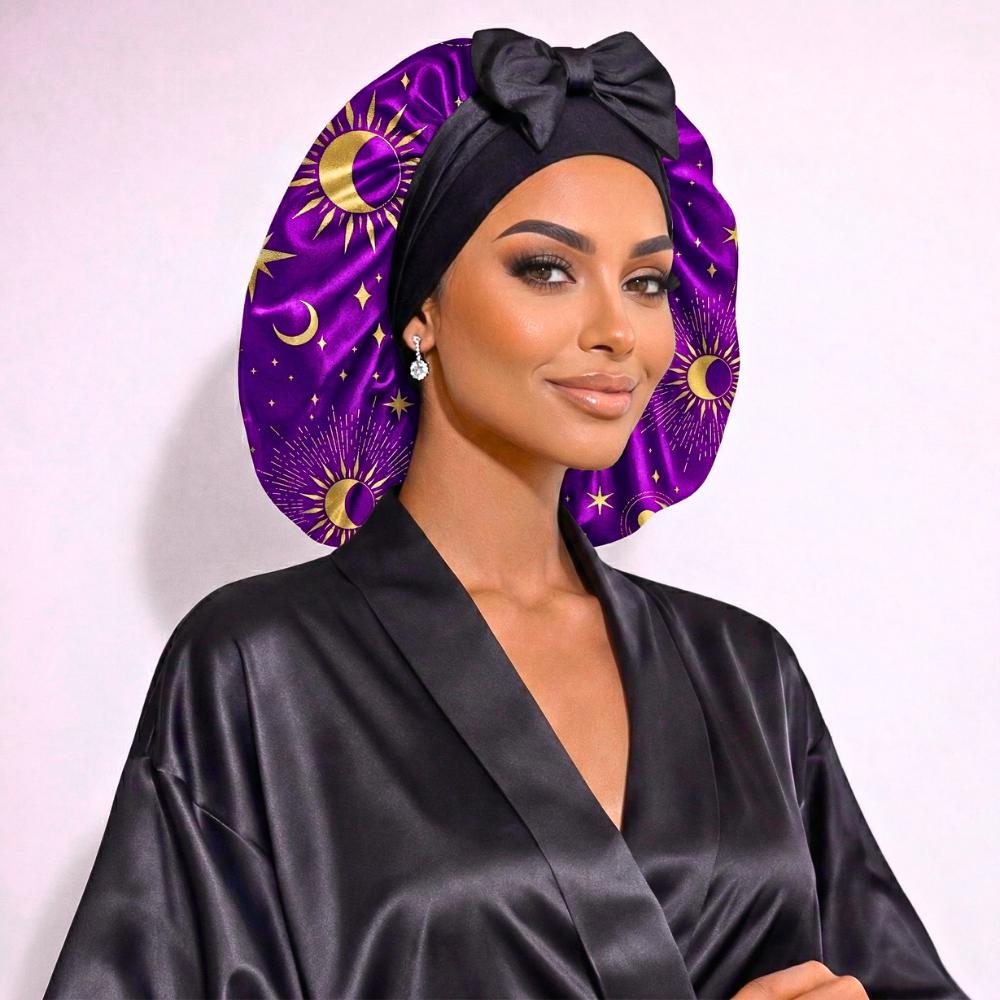 Celestial Dream Original Stretch Tie satin bonnet by Prince Hair Company — adjustable, stays on all night for curls, braids & locs