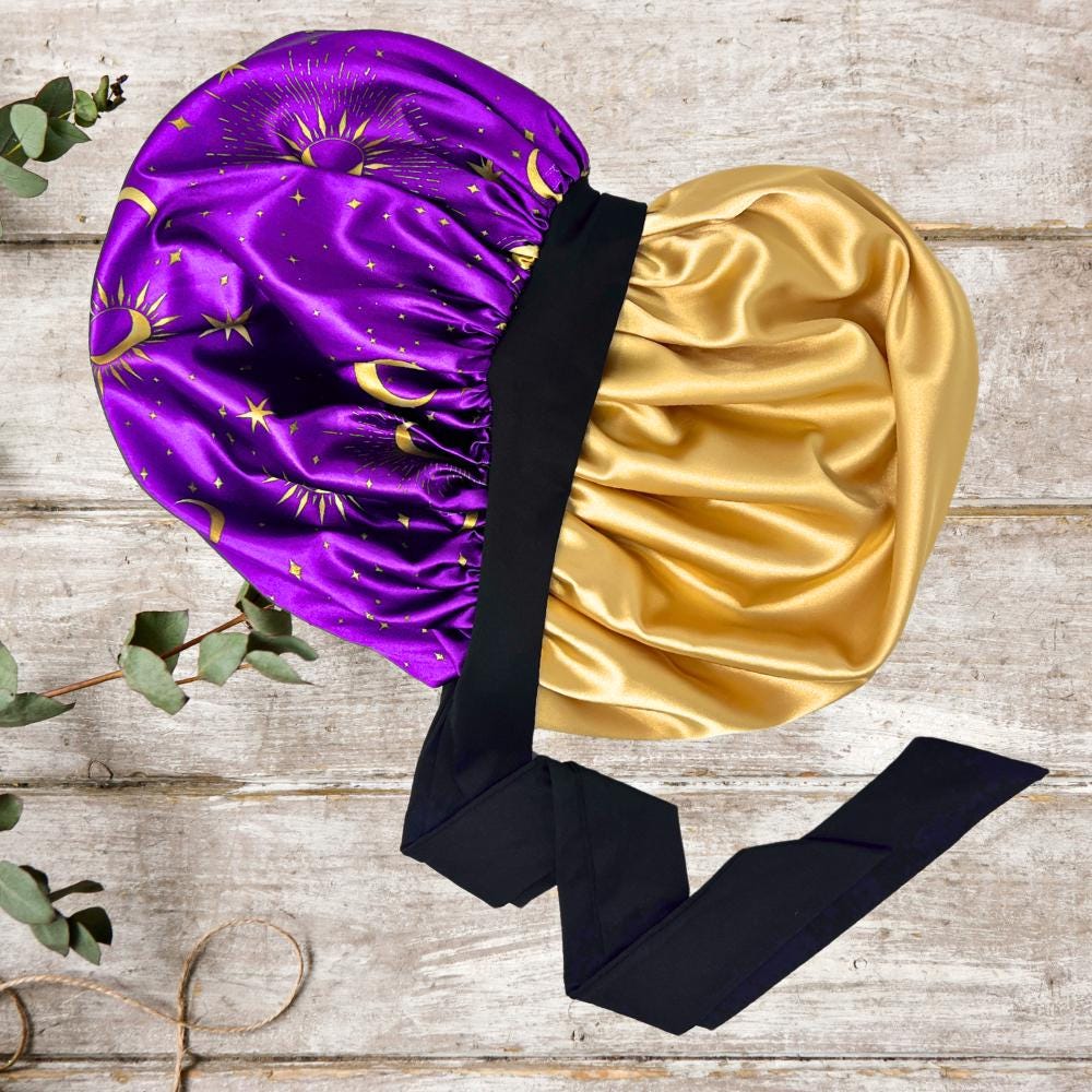 Satin Hair Bonnet for Sleeping, Reversible Stretch Tie Sleep Cap in Purple Celestial, Bonnet for Curls, Braids, Locs, Fine & Natural Hair - PHC