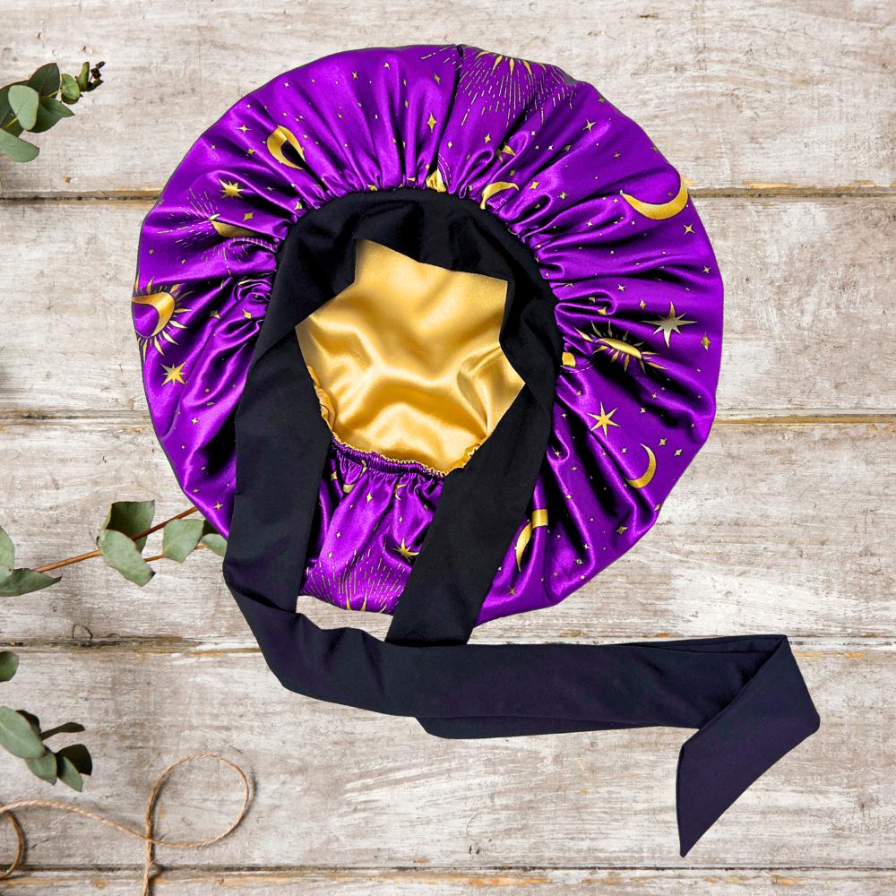 Satin Hair Bonnet for Sleeping, Reversible Stretch Tie Sleep Cap in Purple Celestial, Bonnet for Curls, Braids, Locs, Fine & Natural Hair - PHC