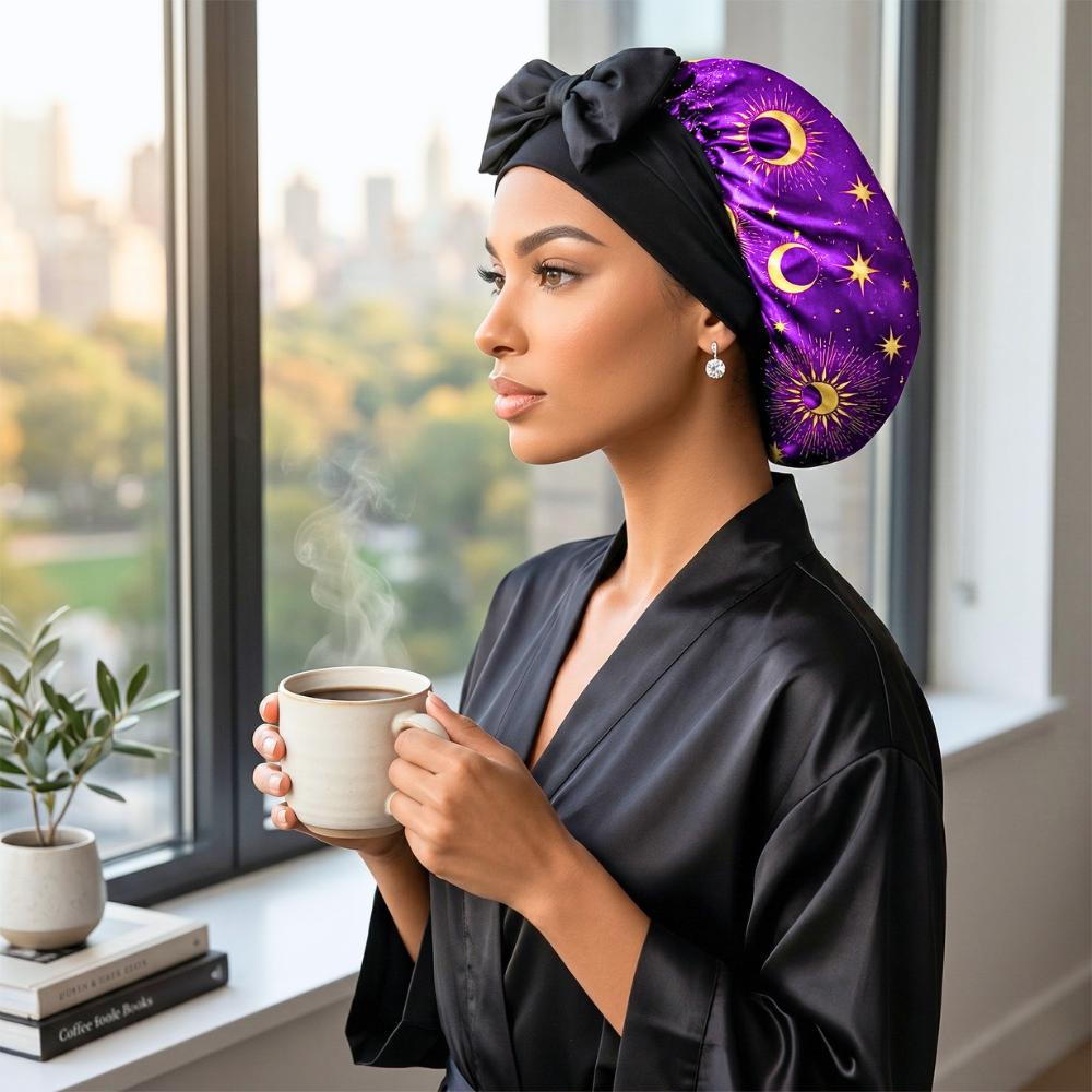 Satin Hair Bonnet for Sleeping, Reversible Stretch Tie Sleep Cap in Purple Celestial, Bonnet for Curls, Braids, Locs, Fine & Natural Hair - PHC