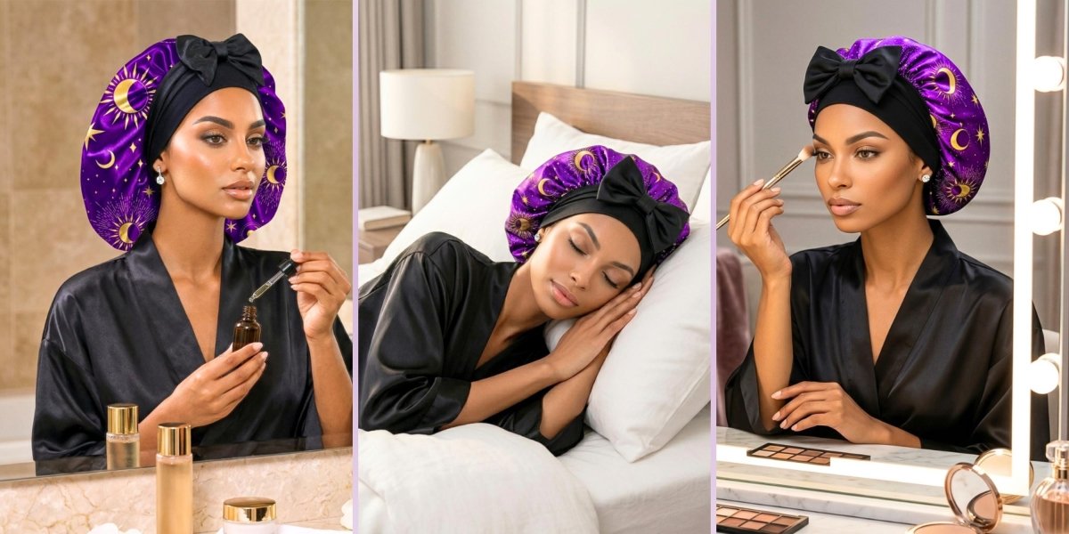 Satin Hair Bonnet for Sleeping, Reversible Stretch Tie Sleep Cap in Purple Celestial, Bonnet for Curls, Braids, Locs, Fine & Natural Hair - PHC