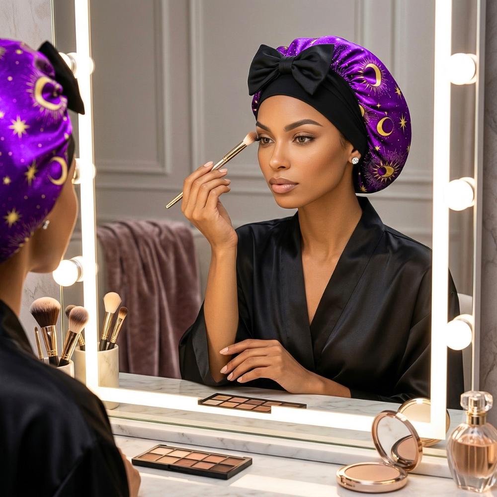 Satin Hair Bonnet for Sleeping, Reversible Stretch Tie Sleep Cap in Purple Celestial, Bonnet for Curls, Braids, Locs, Fine & Natural Hair - PHC