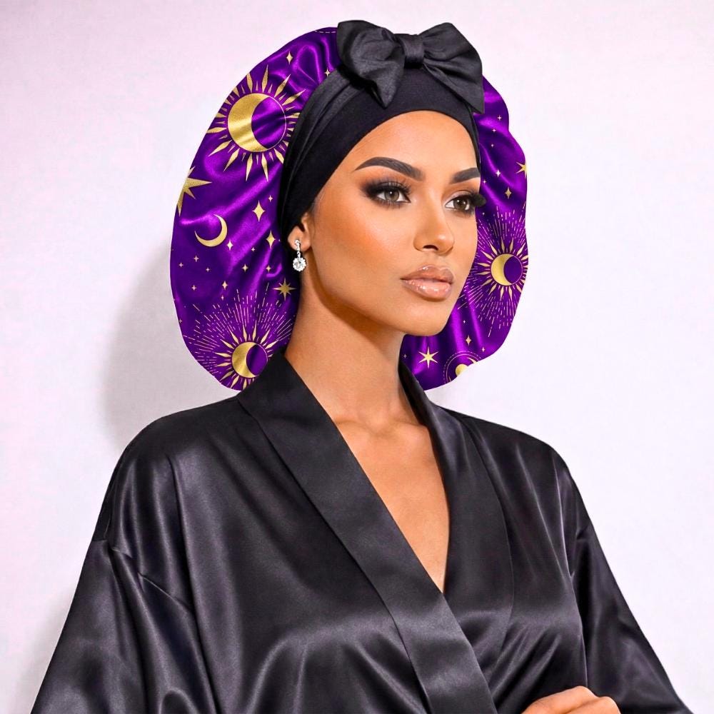 Satin Hair Bonnet for Sleeping, Reversible Stretch Tie Sleep Cap in Purple Celestial, Bonnet for Curls, Braids, Locs, Fine & Natural Hair - PHC