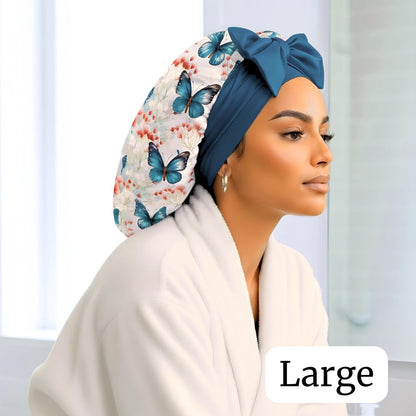 Satin Hair Bonnet & Scrunchie Gift Set | Premium Satin Sleep Cap with Stretch Ties in Butterfly Bloom Print with 3 Matching Satin Scrunchies - PHC