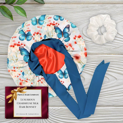 Satin Hair Bonnet & Scrunchie Gift Set | Premium Satin Sleep Cap with Stretch Ties in Butterfly Bloom Print with 3 Matching Satin Scrunchies - PHC