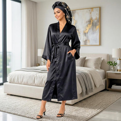 Satin Kimono Robe Gift Set for Women with Bonnet, Eye Mask and Scrunchie - PHC