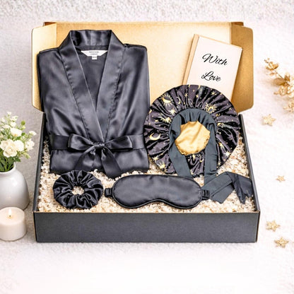 Satin Kimono Robe Gift Set for Women with Bonnet, Eye Mask and Scrunchie - PHC