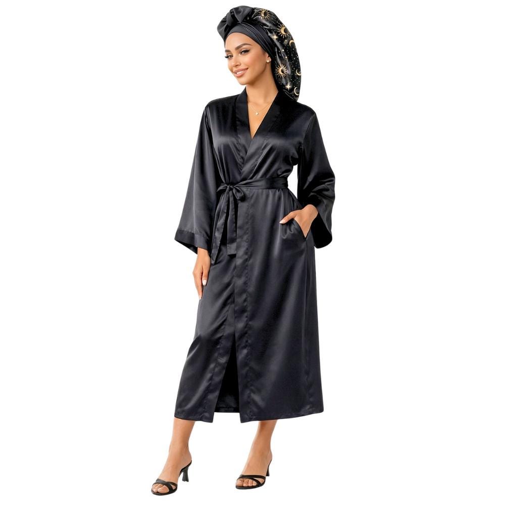 Satin Kimono Robe Gift Set for Women with Bonnet, Eye Mask and Scrunchie - PHC