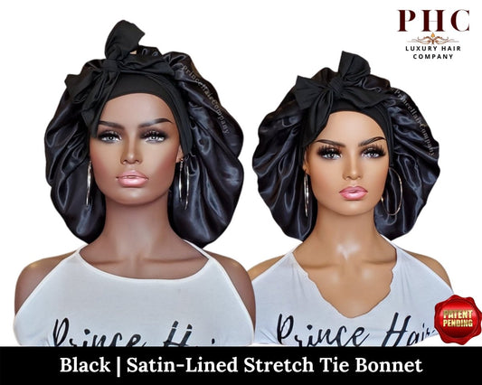 Satin Lined Hair Bonnet with Long Wide Stretch Ties - PHC
