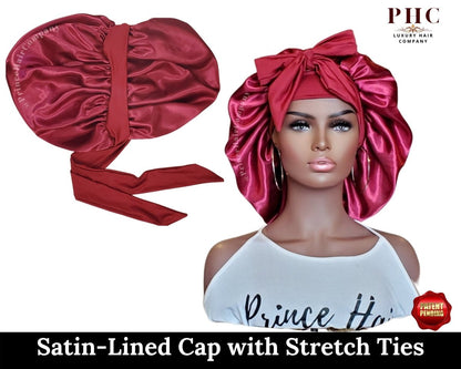 Satin Lined Hair Bonnet with Long Wide Stretch Ties - PHC