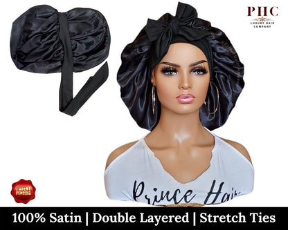 Satin Lined Hair Bonnet with Long Wide Stretch Ties - PHC