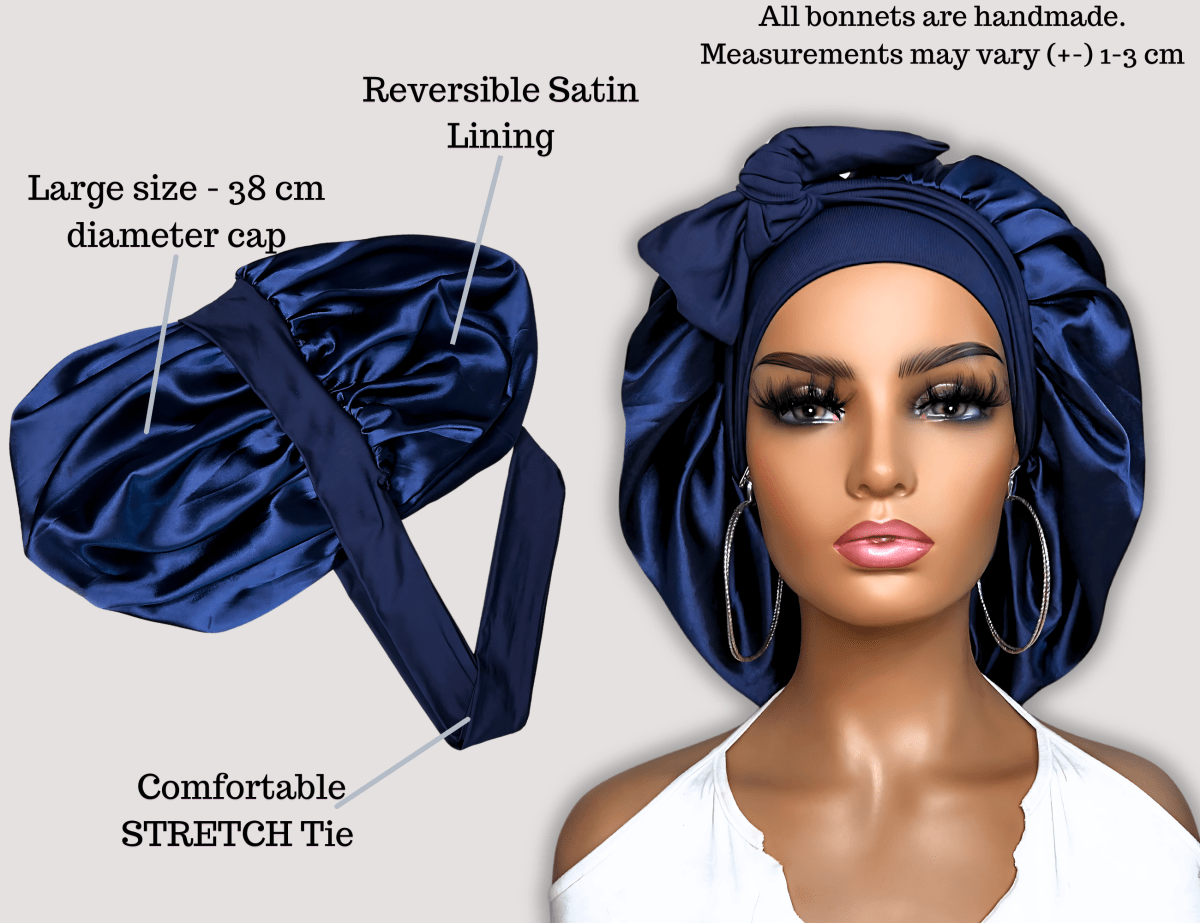 Satin Lined Stretch Tie Hair Bonnet - Navy Blue | Premium Hair Protection - PHC