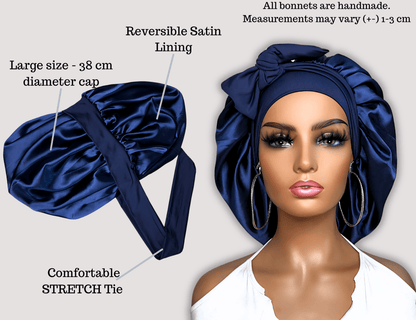 Satin Lined Stretch Tie Hair Bonnet - Navy Blue | Premium Hair Protection - PHC
