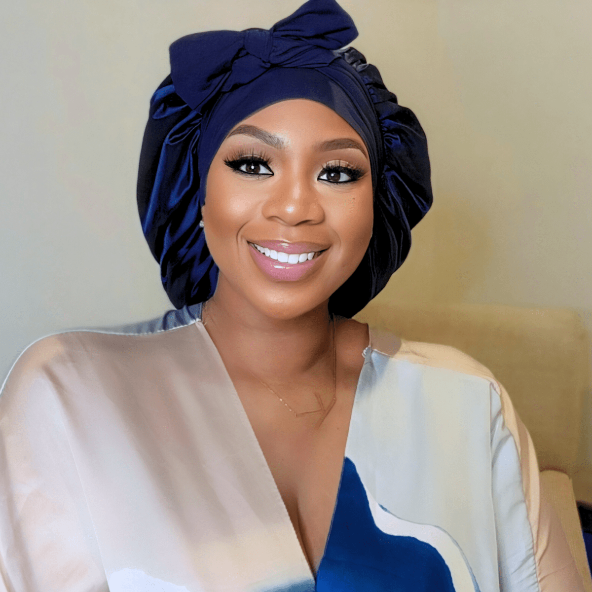 Satin Lined Stretch Tie Hair Bonnet - Navy Blue | Premium Hair Protection - PHC