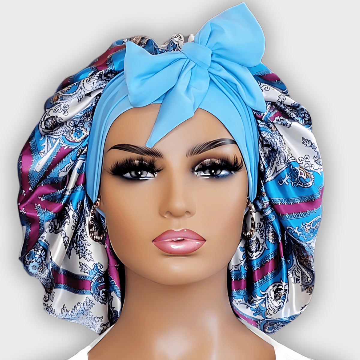 Satin - Lined Stretch Tie Satin Bonnet in Light Blue & Purple Damask Print - PHC