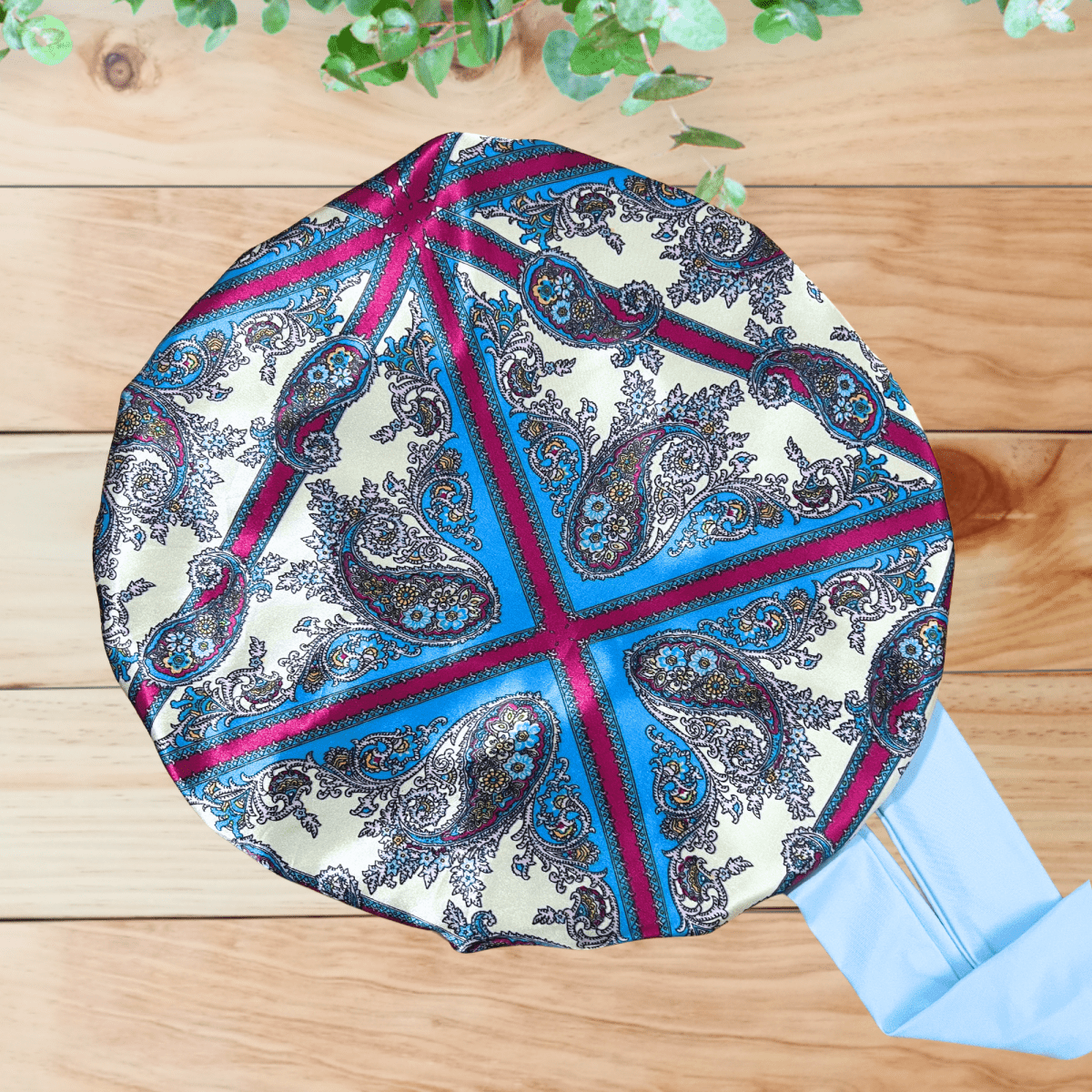 Satin - Lined Stretch Tie Satin Bonnet in Light Blue & Purple Damask Print - PHC