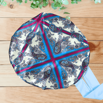 Satin - Lined Stretch Tie Satin Bonnet in Light Blue & Purple Damask Print - PHC