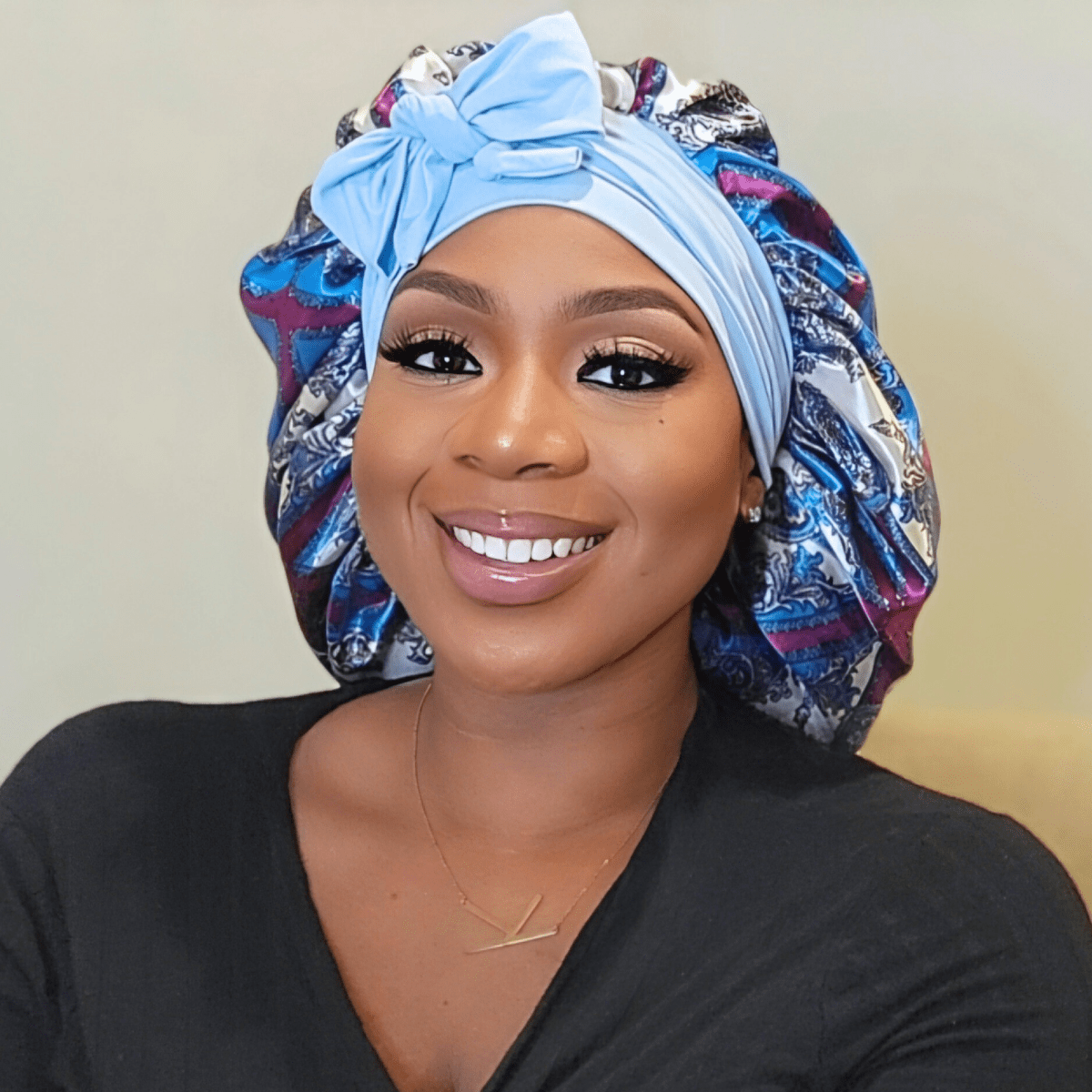 Satin - Lined Stretch Tie Satin Bonnet in Light Blue & Purple Damask Print - PHC