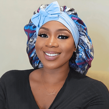 Satin - Lined Stretch Tie Satin Bonnet in Light Blue & Purple Damask Print - PHC