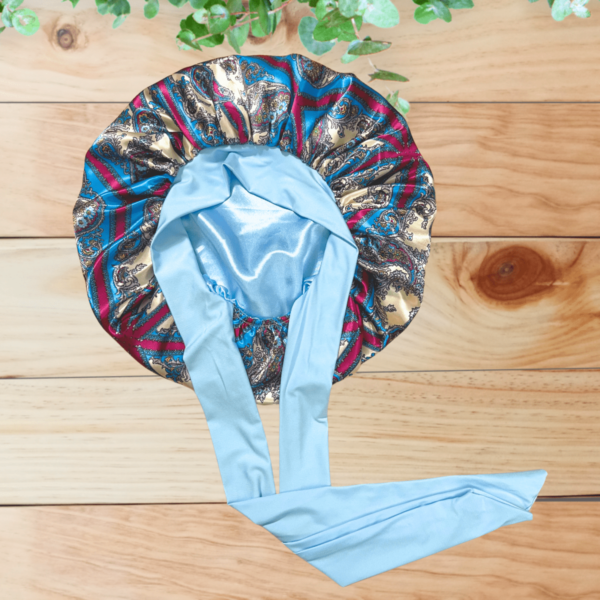 Satin - Lined Stretch Tie Satin Bonnet in Light Blue & Purple Damask Print - PHC