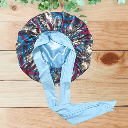 Satin - Lined Stretch Tie Satin Bonnet in Light Blue & Purple Damask Print - PHC