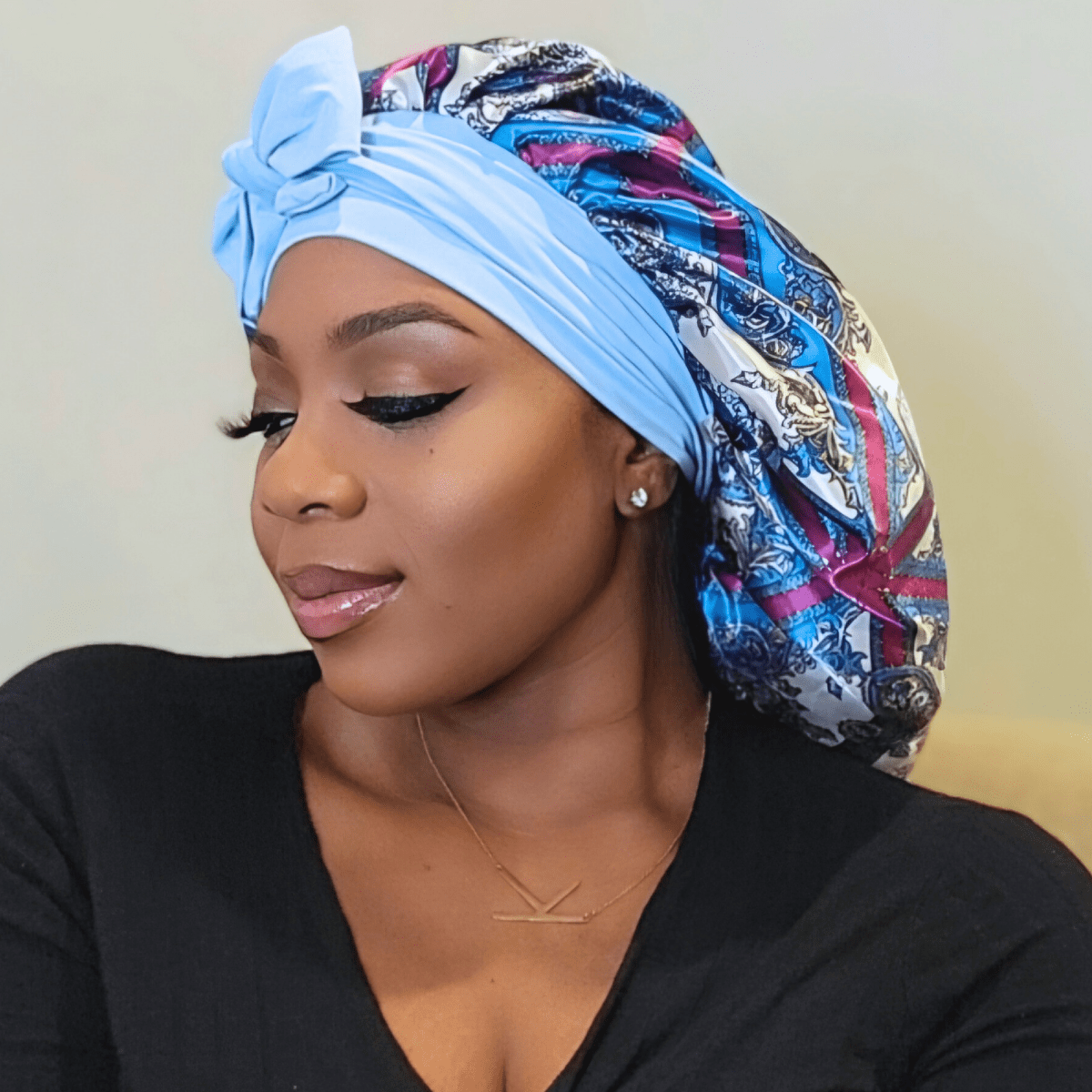 Satin - Lined Stretch Tie Satin Bonnet in Light Blue & Purple Damask Print - PHC