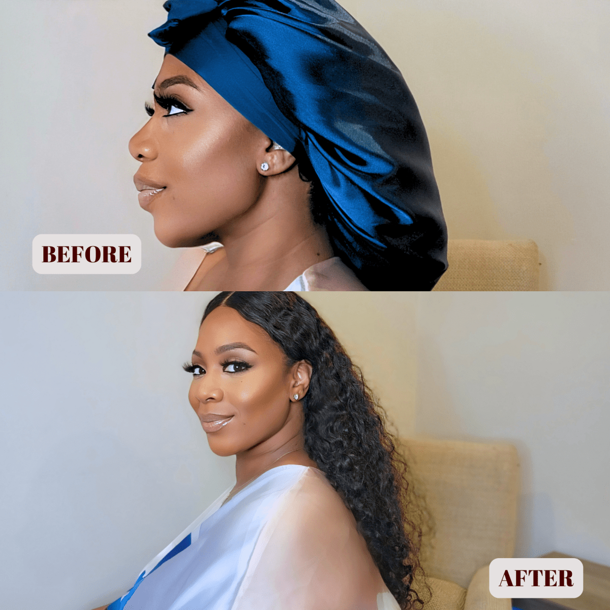 Satin - Lined Stretch Tie Satin Bonnet - Midnight Blue - PHC