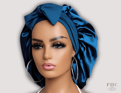 Satin - Lined Stretch Tie Satin Bonnet - Midnight Blue - PHC