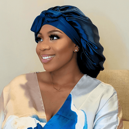 Satin - Lined Stretch Tie Satin Bonnet - Midnight Blue - PHC