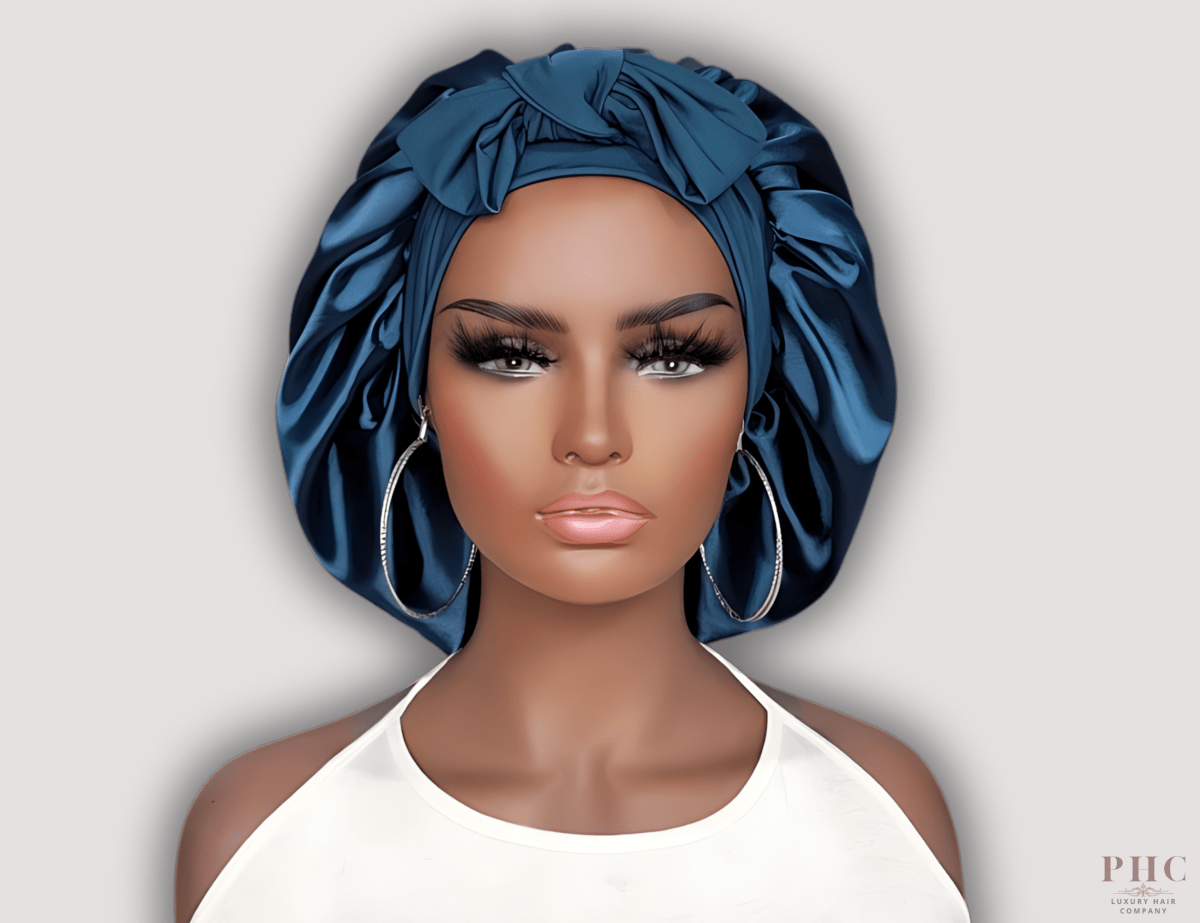 Satin - Lined Stretch Tie Satin Bonnet - Midnight Blue - PHC