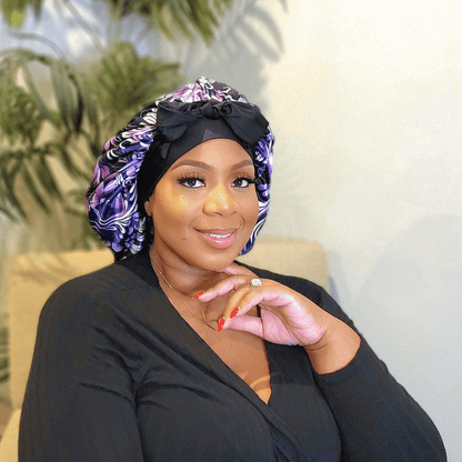 Satin Lined Stretch Tie Satin Hair Bonnet - Purple Floral Swirl | Premium Hair Protection - PHC