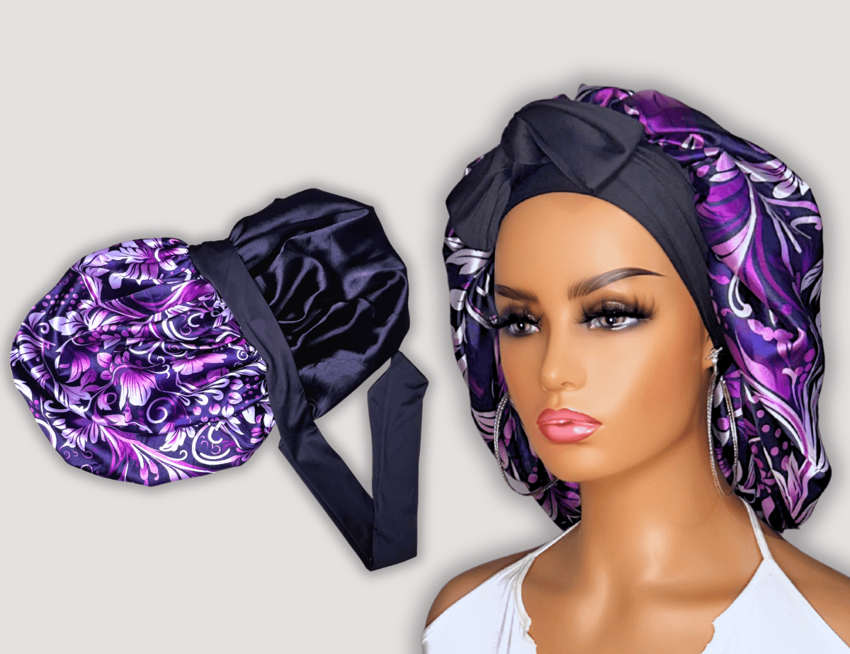 Satin Lined Stretch Tie Satin Hair Bonnet - Purple Floral Swirl | Premium Hair Protection - PHC
