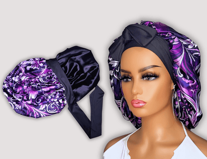 Satin Lined Stretch Tie Satin Hair Bonnet - Purple Floral Swirl | Premium Hair Protection - PHC