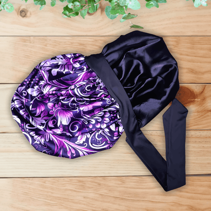 Satin Lined Stretch Tie Satin Hair Bonnet - Purple Floral Swirl | Premium Hair Protection - PHC