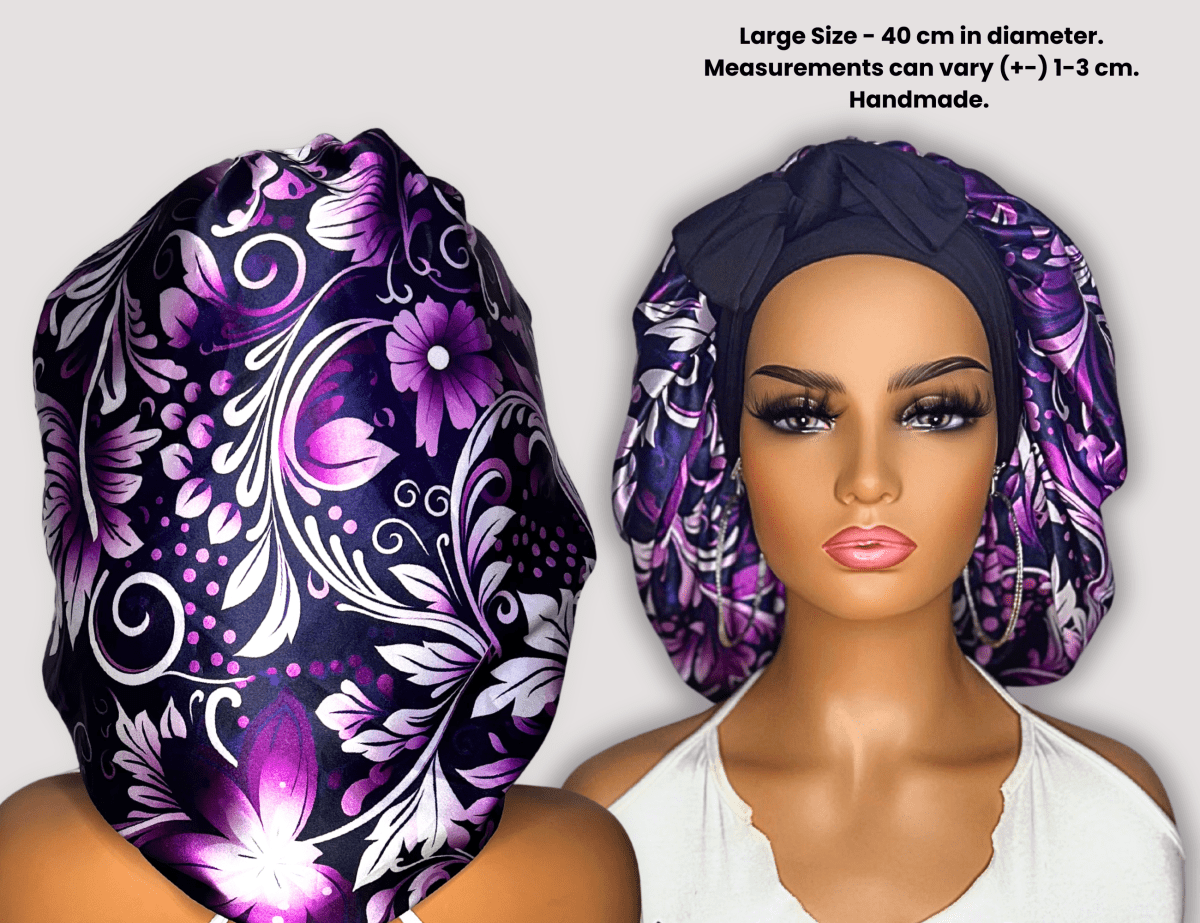 Satin Lined Stretch Tie Satin Hair Bonnet - Purple Floral Swirl | Premium Hair Protection - PHC