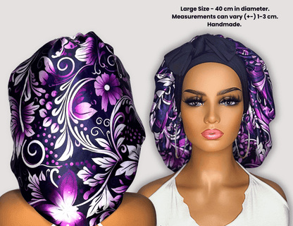 Satin Lined Stretch Tie Satin Hair Bonnet - Purple Floral Swirl | Premium Hair Protection - PHC