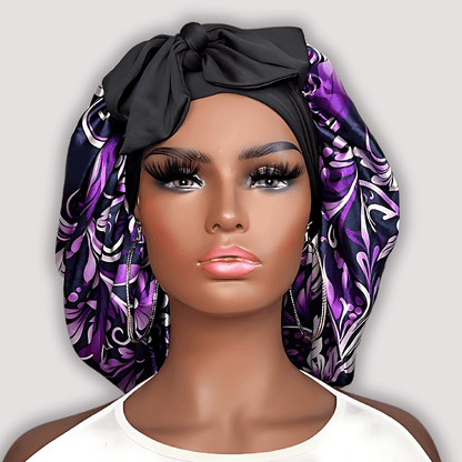 Satin Lined Stretch Tie Satin Hair Bonnet - Purple Floral Swirl | Premium Hair Protection - PHC