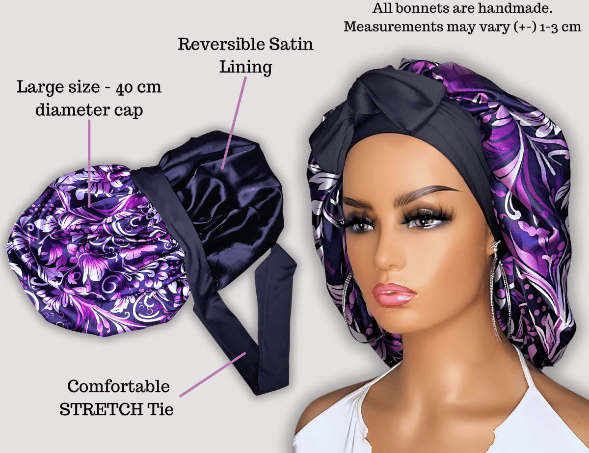 Satin Lined Stretch Tie Satin Hair Bonnet - Purple Floral Swirl | Premium Hair Protection - PHC