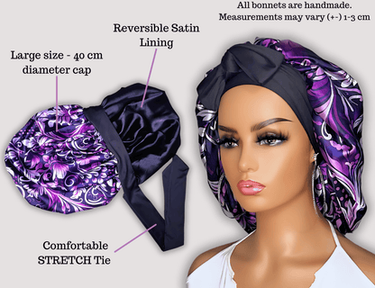 Satin Lined Stretch Tie Satin Hair Bonnet - Purple Floral Swirl | Premium Hair Protection - PHC