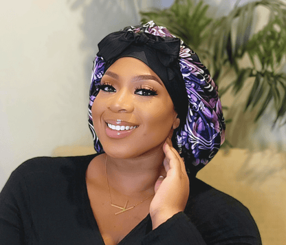 Satin Lined Stretch Tie Satin Hair Bonnet - Purple Floral Swirl | Premium Hair Protection - PHC