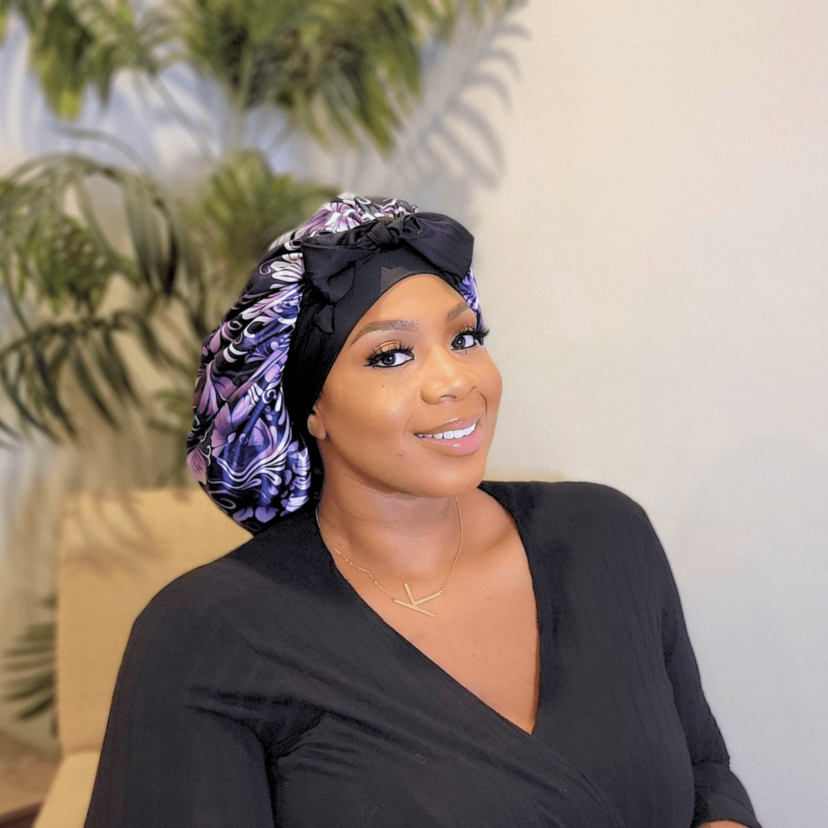 Satin Lined Stretch Tie Satin Hair Bonnet - Purple Floral Swirl | Premium Hair Protection - PHC