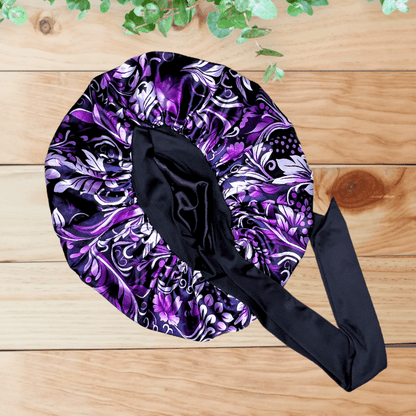 Satin Lined Stretch Tie Satin Hair Bonnet - Purple Floral Swirl | Premium Hair Protection - PHC