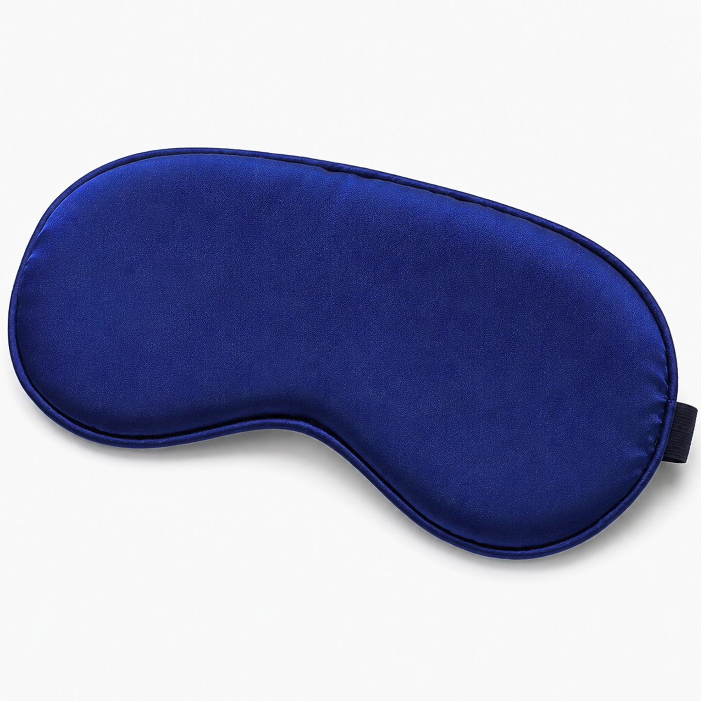 Navy blue satin sleep mask with black elastic strap