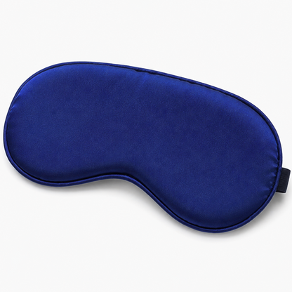 Navy blue satin sleep mask with black elastic strap