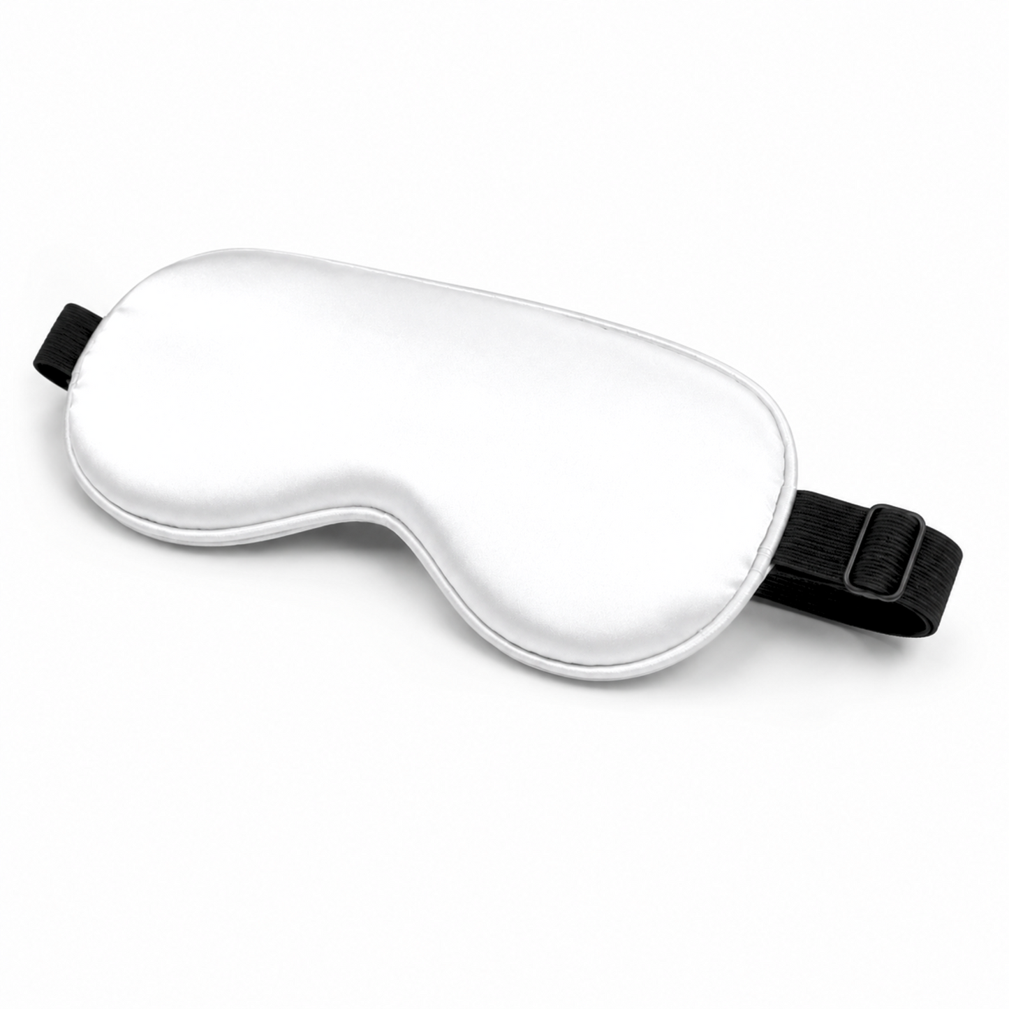 White satin sleep mask with adjustable black elastic strap