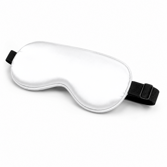 White satin sleep mask with adjustable black elastic strap