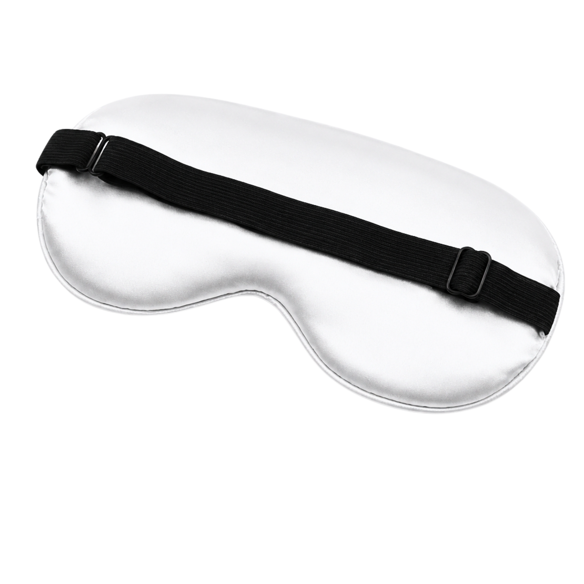 Back view of white satin sleep mask showing adjustable black elastic strap