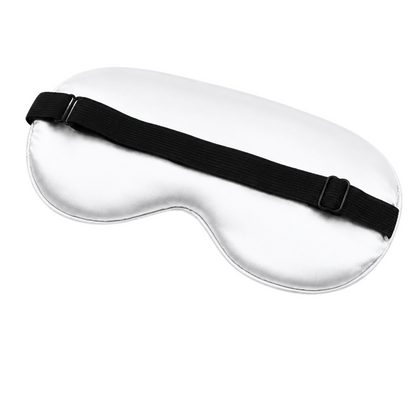 Back view of white satin sleep mask showing adjustable black elastic strap