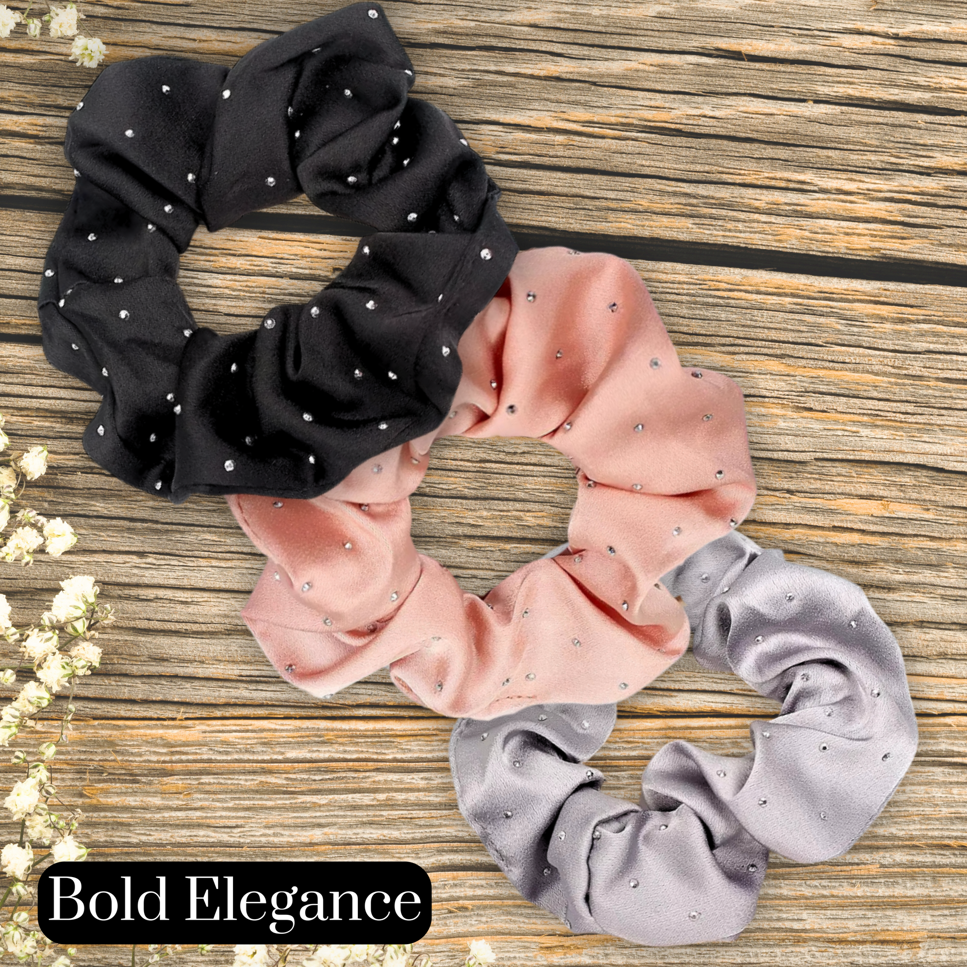 satin rhinestone scrunchie set in black, rose gold, silver sold in the Bold elegance set.