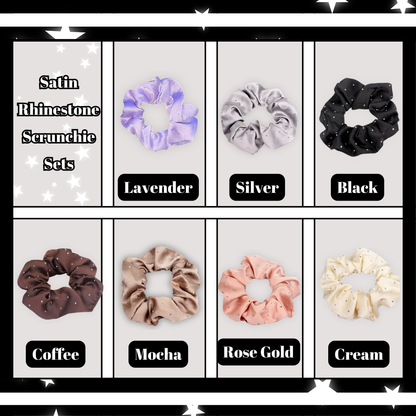 Grid detailing Satin Rhinestone Scrunchie colors in lavender, silver, black, coffee, mocha, rose gold and cream.